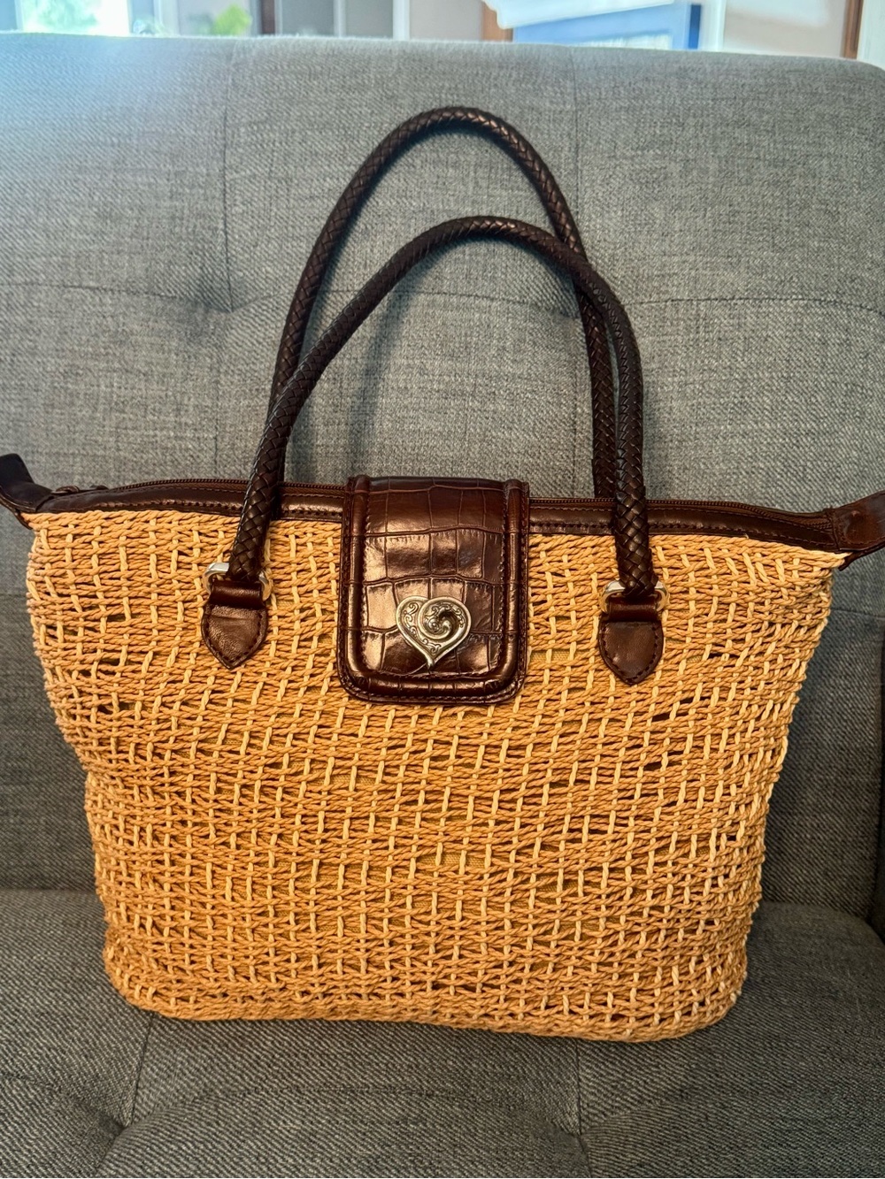 Vintage Brighton Straw Woven Leather Shoulder Bag Y2K Heart Hardware